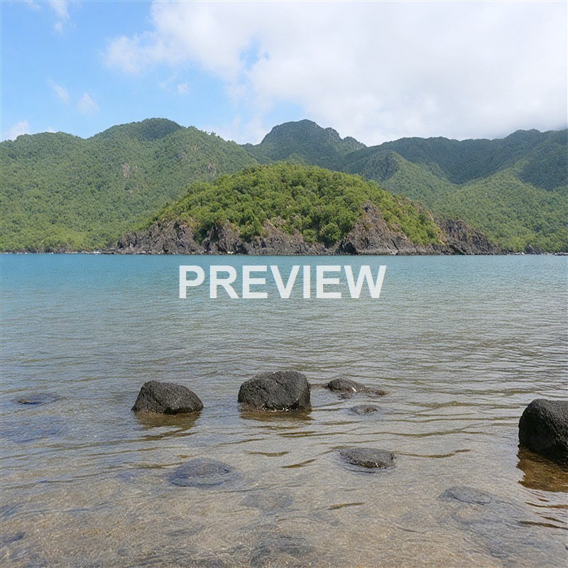 A scenic view of a calm body of water with rocks in the foreground, green forested hills, and mountains in the background under a partly cloudy sky.